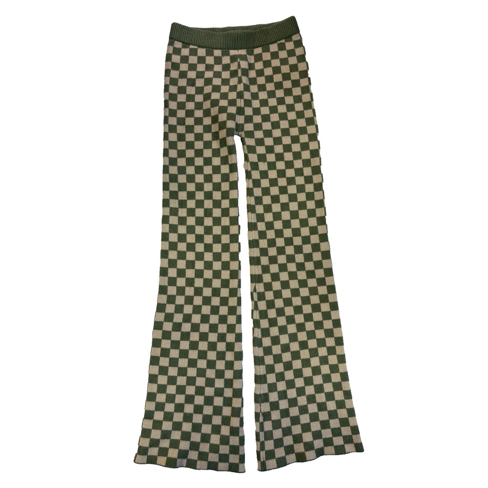 Blue Blush Juniors Small Green Classic Checkered Flare Knit Pants Retro Vintage